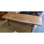 A mid 20th century Dalescraft teak coffee table of rectangular form with curved edges, 44.5h x 151w,