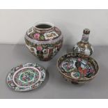A collection of 20th century Chinse Canton famille rose porcelain to include a jardiniere, vase,