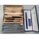 Pens to include a set of three mid 20th century Parker fountain, ballpoint and a pencil cased, A/