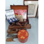 Collectables to include woodworking planes, a map, a set of six silver plated cups, a case and other