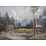 A German oil painting a figure and cows in a forest landscape, indistinctly signed, in a walnut