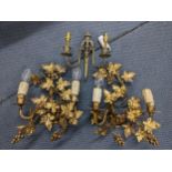 Three twin branch wall lights to include a pair of mid 20th century gilt metal lights having grape