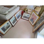 Prints to include reproductions of Chinese landscapes in gilt frames, a reproduction map and a