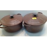 Two Le Cruset brown enamelled oven casserole dishes with lids, Location:
