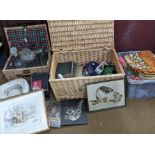 A mixed lot to include late 20th century scarfs, prints, hamper, glassware and others Location: