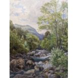 Wardheys - A Victorian watercolour depicting a river with mountains to the background, 43cm x 60.