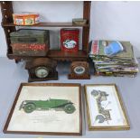 A mixed lot to include an oak wall hanging shelf, vintage tins, two clocks, framed pictures and