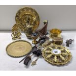 A mixed lot of mostly brassware to include fireside items, a brass jug, a brass figure holding a