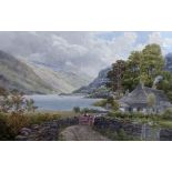 Wardheys - A Victorian watercolour depicting a lake mountain scene with cottage and figure to the