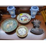 19th century and later ceramics to include a Persian dish, and a pair of Wedgwood blue Jasperware