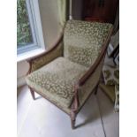 A modern Regency style stained beech framed armchair with scrolled, cut brocade fabric on rope