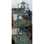 A green painted aluminium garden table and two chairs Location: