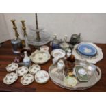 A mixed lot to include Wedgwood Jasperware, silver plate, brass candlesticks, Beswick pheasant