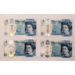 A group of four British polymer £5/five pound notes to include AA01, AE10, AK47 000 and AK47 065