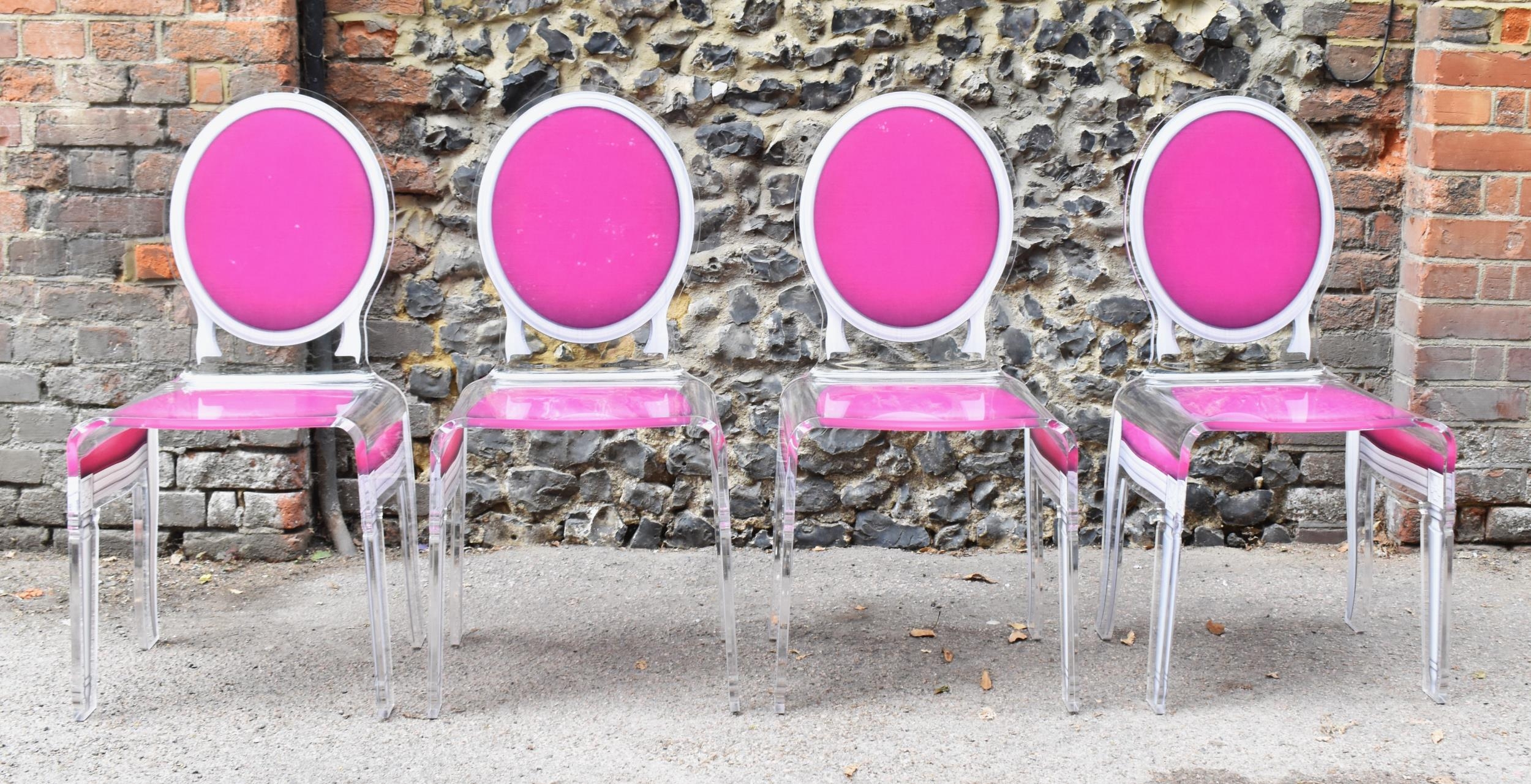 A set of four modern Acrila 'Sixteen' chairs, in clear Perspex and pink and grey Louis XVI chair