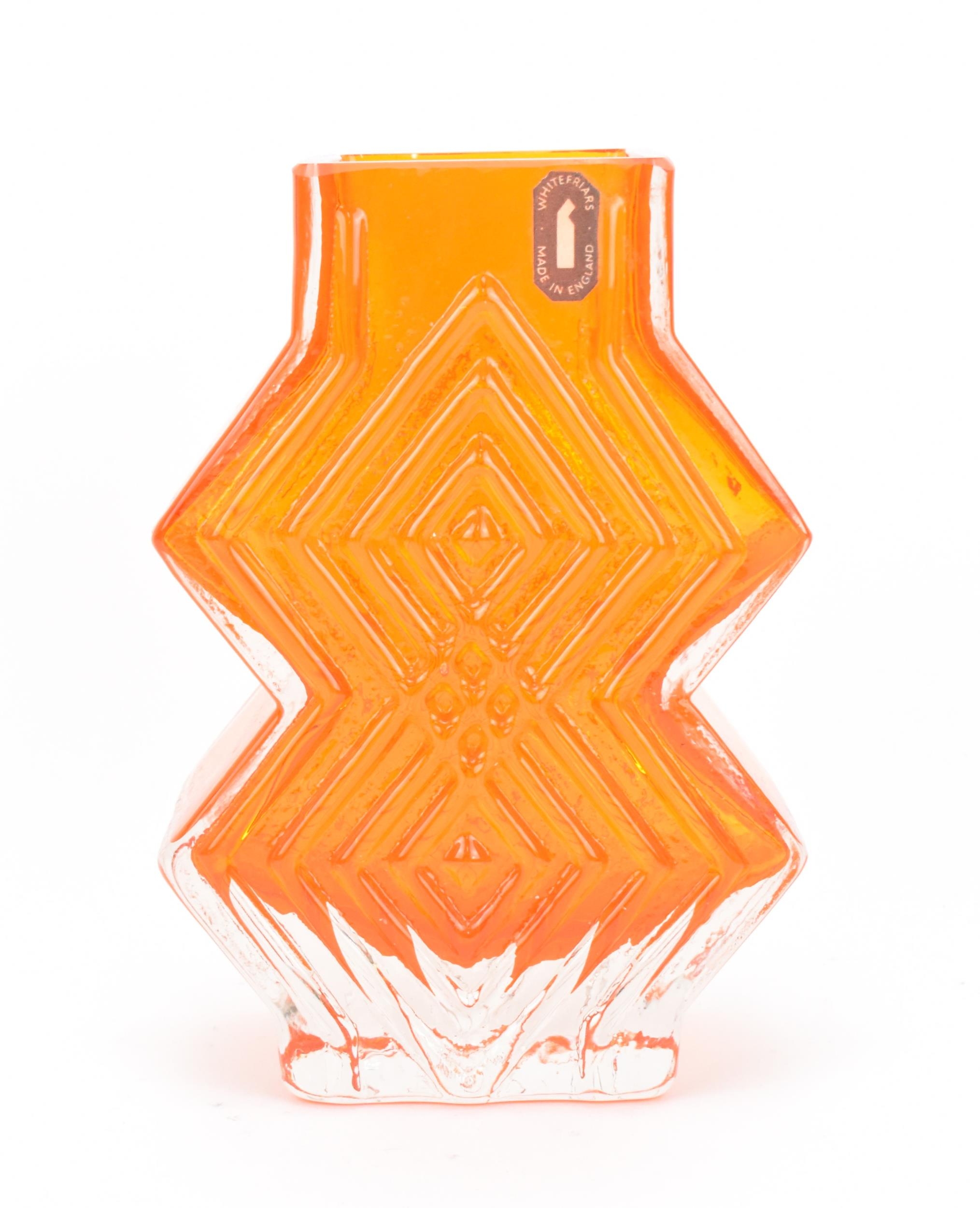 A Whitefriars tangerine 'double diamond' vase designed by Geoffrey Baxter, pattern 9759, with