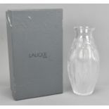 A Lalique 'Tulipes' vase, in original box, of oblong form designed with relief clear and frosted