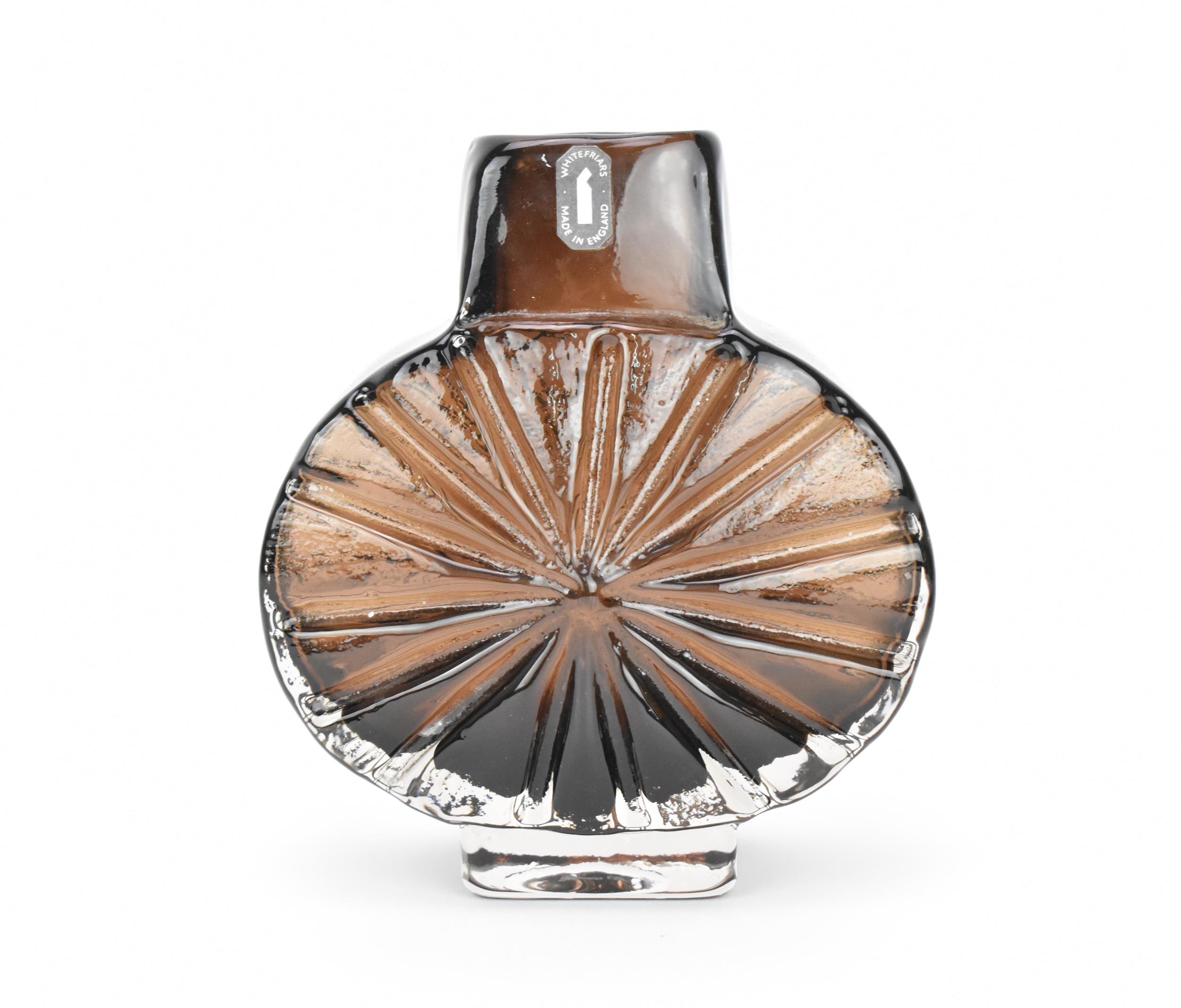 A Whitefriars cinnamon 'sunburst' vase designed by Geoffrey Baxter, with original label to the