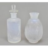 A Sabino opalescent glass vase and perfume bottle, the perfume bottle designed with bathing nudes,