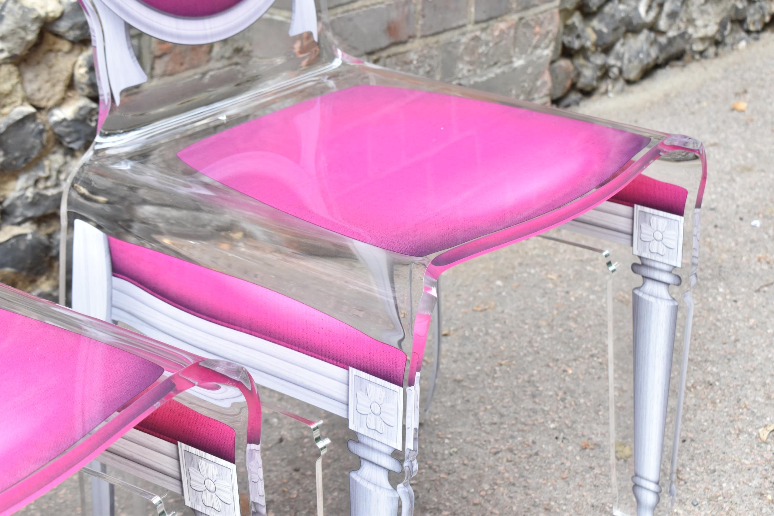A set of four modern Acrila 'Sixteen' chairs, in clear Perspex and pink and grey Louis XVI chair - Image 5 of 5