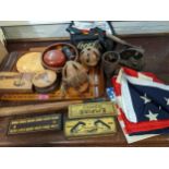 A mixed lot to include various wooden items including a marquetry inlaid tray, an American Stars and