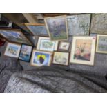 A selection of framed and glazed pictures to include a 19th century pencil drawing of a ruin