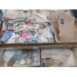 A quantity of mixed Worldwide stamps and tourist coinage and banknotes together with a brass