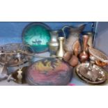 A quantity of mainly 1950's brass and metalware to include Indian brass jug with red and blue