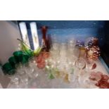 Art glass to include a 1970's green and clear glass dish, an Austrian cranberry liquor set with