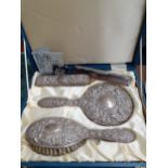 A B&Co silver backed 4-piece dressing table brush and mirror set in original case. Location:BWR