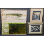 A group of three pictures to include an oil on canvas signed bottom right, Malerier - oil on board