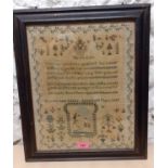 An 1849 sampler of religious verse worked by Frances Jane Adams, stretched and mounted in a wooden