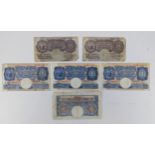 United Kingdom - Banknotes, Wartime Mauve Ten Shilling S53D and U96D, along with four blue One Pound