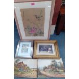 A quantity of pictures to include a Japanese woodblock print, a Chinese painted silk painting,