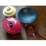 A Le Creuset large casserole dish and cover, in russet red and other kitchen wares to include a Le