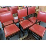 A set of six Edwardian Wareings & Co Ltd oak dining chairs with red leather seats and backs