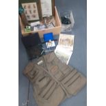Mixed items to include a Shakespeare fishing waistcoat, a vintage box of fly fishing flies,