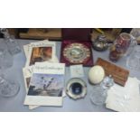 A mixed lot to include a Paco Rabanne snakeskin leather bag, ostrich egg, glass decanters, a Price