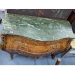 A late 20th century Bombe walnut and marquetry chest with ormalu mounts, green variegated marble