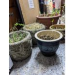 Two weathered garden concrete pots, a terracotta garden pot and two ceramic garden pots Location: