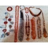 Vintage hardstone, glass and amber effect necklaces and bracelets together with a vintage