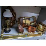 A mixed lot of metalware and mirrors to include brass extending fire fenders, copper coal scuttle,