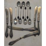 Mixed silver to include six coffee bean spoons and one other silver spoon, along with six silver