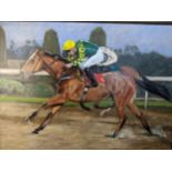 A modern oil painting on canvas of a race horse and jockey, unsigned, 76 x 100cms, gilt frame.