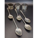 Silver to include a set of five teaspoons, and three napkin rings Location: