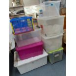 Mixed plastic storage boxes to include Sainsburys boxes. Location:A3B