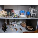 A mixed lot of kitchenalia, household items and wooden ornaments to include a carved wooden hen