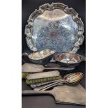 Mixed silver plate to include an engraved tray, together with a silver three piece dressing table