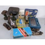A mixed lot to include a boxed record 0230 phone, Victorian weighing scales and other items.
