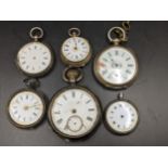 Six late 19th/early 20th century fob watches to include a silver watch having an engine turned